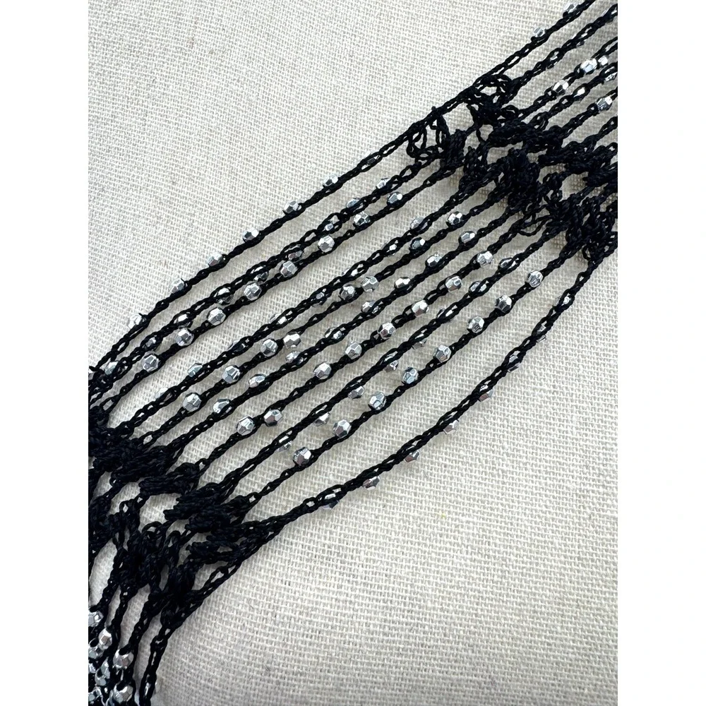 VTG Y2K Black Crochet Silver Beaded Skinny Scarf Neck Tie Fringe Indie Sleaze
